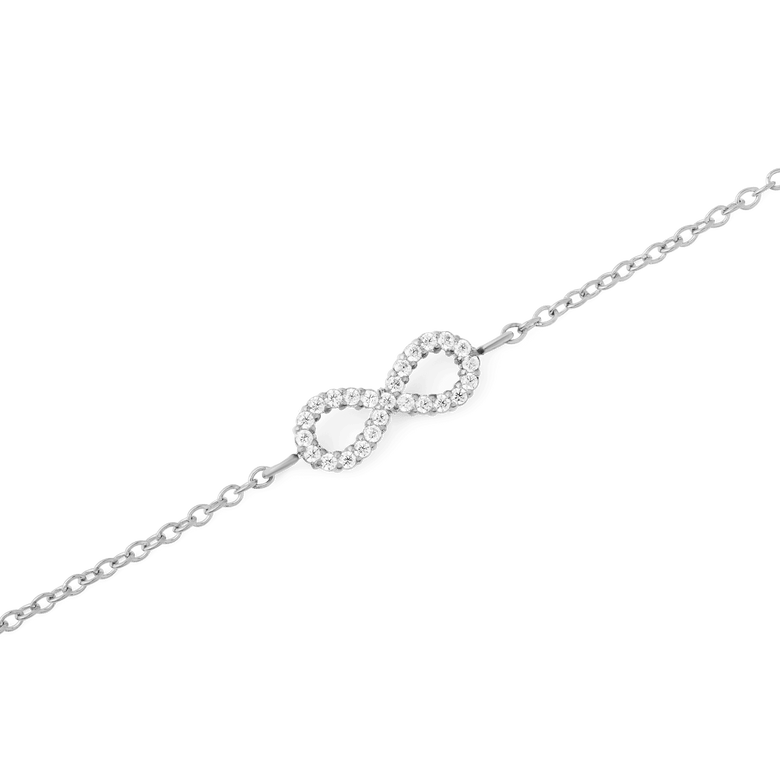 Close-up of the Mirelle Infinity Bracelet Silver showcasing the sparkling infinity symbol set with white cubic zirconia crystals on a fine stainless steel chain.