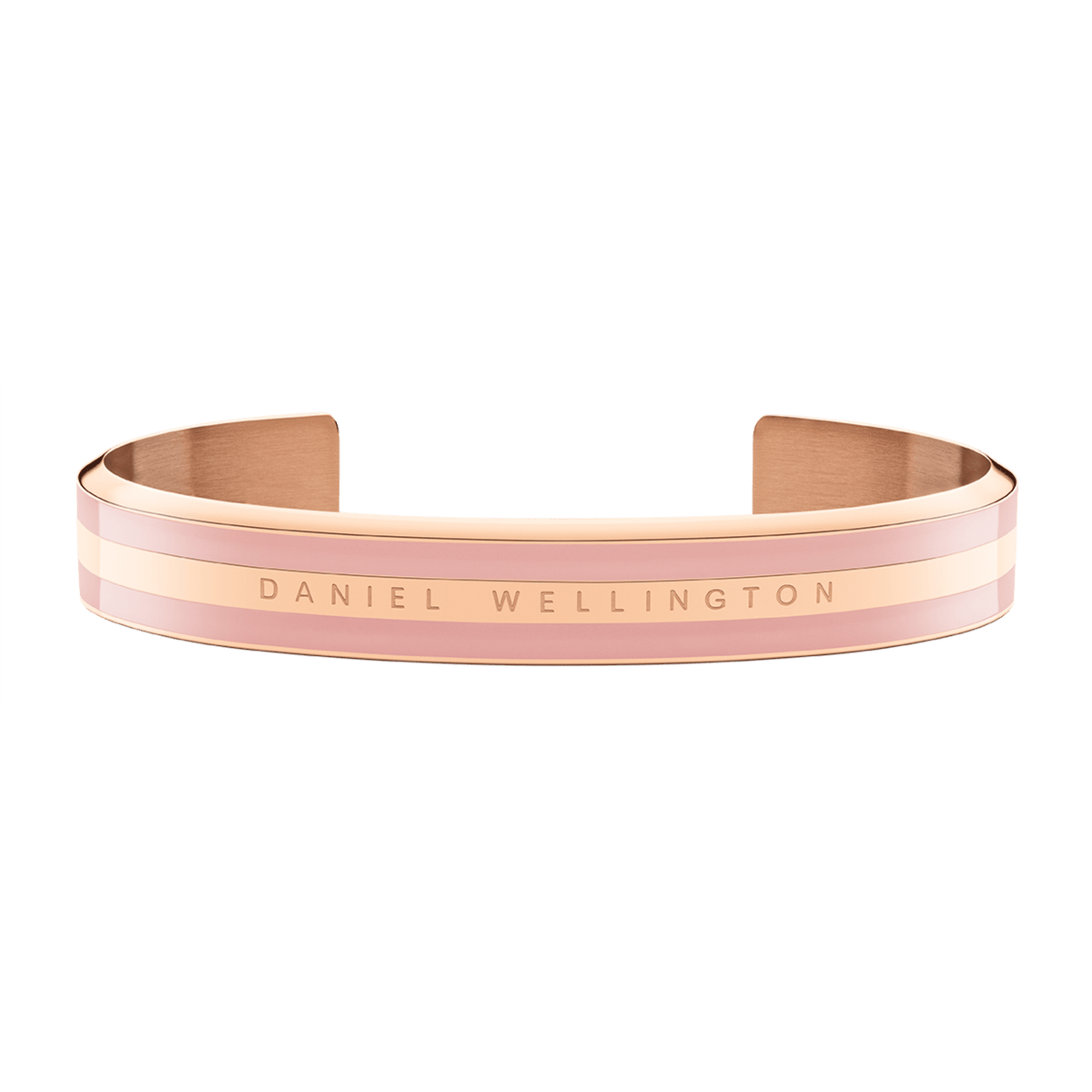 Wide cuff Emalie Bracelet Dusty Rose Rose Gold featuring soft pink enamel and rose gold double-plated stainless steel, with Daniel Wellington branding on the front.
