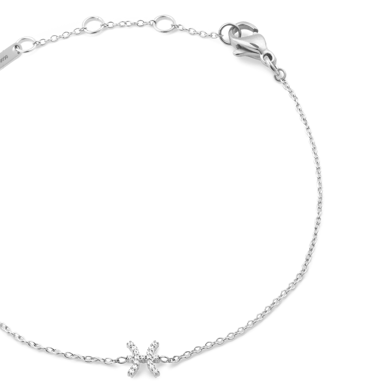 Crystal Zodiac Chain Bracelet Silver featuring a fine stainless steel chain, adjustable sizing rings, and a Pisces zodiac charm set with sparkling crystals.