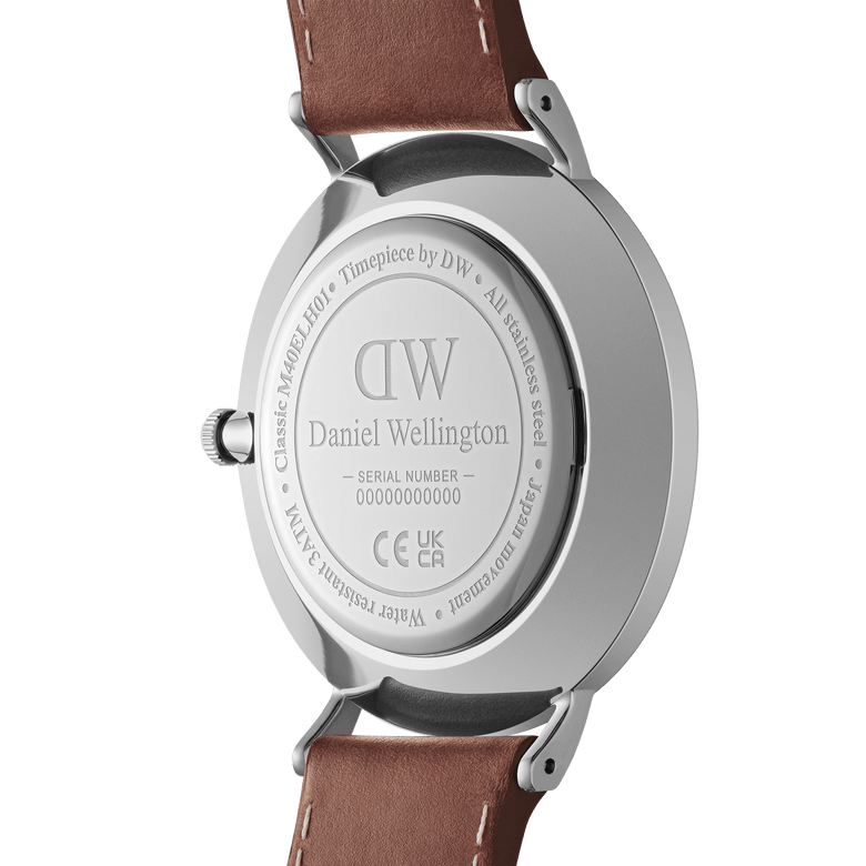 Back view of the Classic Multi-Eye St Mawes Arctic Silver men's watch showing the stainless steel case, engraved branding, and brown genuine leather strap.
