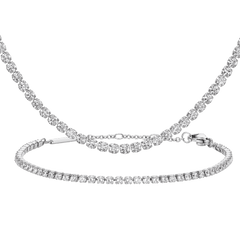 Silver tennis bracelet and necklace set featuring rows of sparkling stones in polished silver, showcasing a cohesive and elegant design suitable for everyday wear or special occasions.
