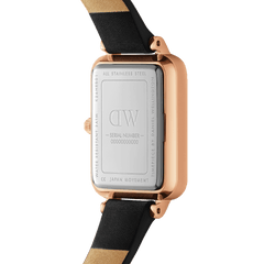 Close-up of the Quadro Roman Numerals Sheffield Rose Gold ladies watch showing the stainless steel case back, rose gold finish, and black genuine leather strap.
