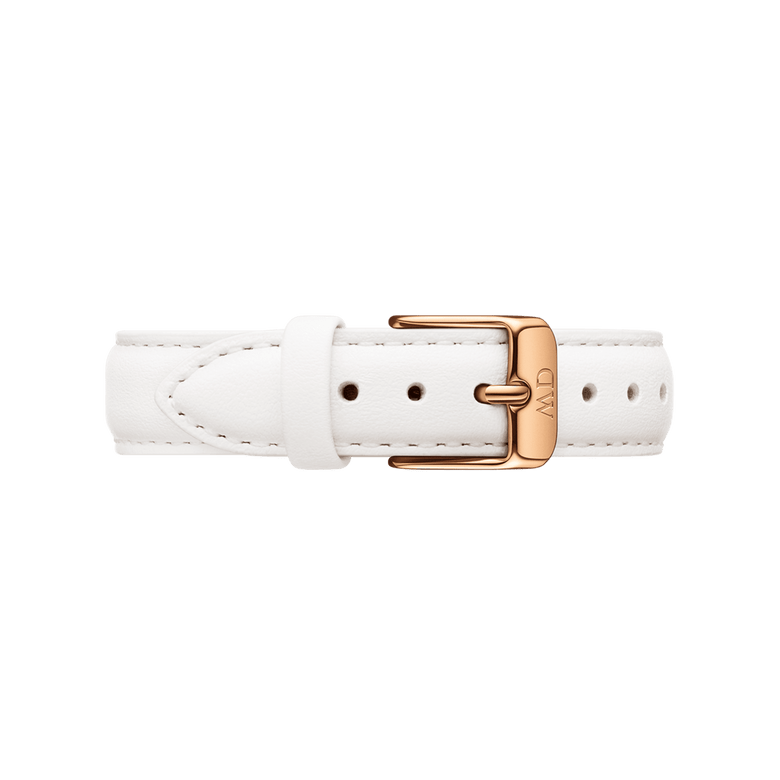 White genuine leather watch strap with a rose gold buckle, featuring fine stitching and a minimalist design, suitable for ladies' watches in 12mm or 14mm sizes.