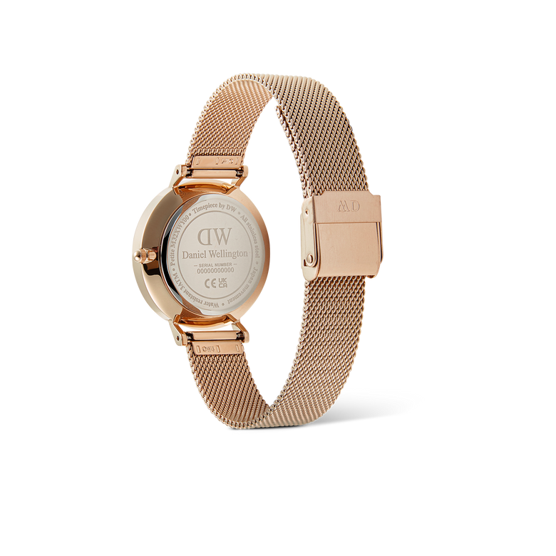 Back view of the Petite Lune Melrose watch showing the engraved case, rose gold mesh strap, and secure clasp, highlighting the quality craftsmanship and adjustable fit.