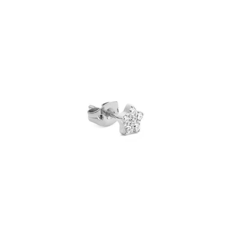 Crystal Star Stud Silver earring featuring a petite star design with six cubic zirconia crystals, crafted in stainless steel with a polished silver finish and secure butterfly backing.