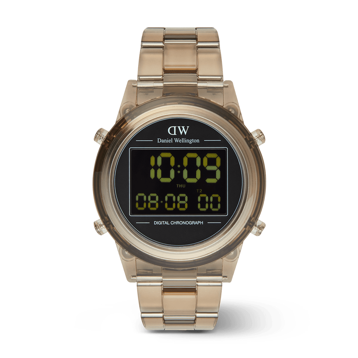 Daniel Wellington Retro Digital Dark Brown Dark Brown watch with a transparent dark brown link strap, round case, and a black digital display showing time, date, and chronograph functions.