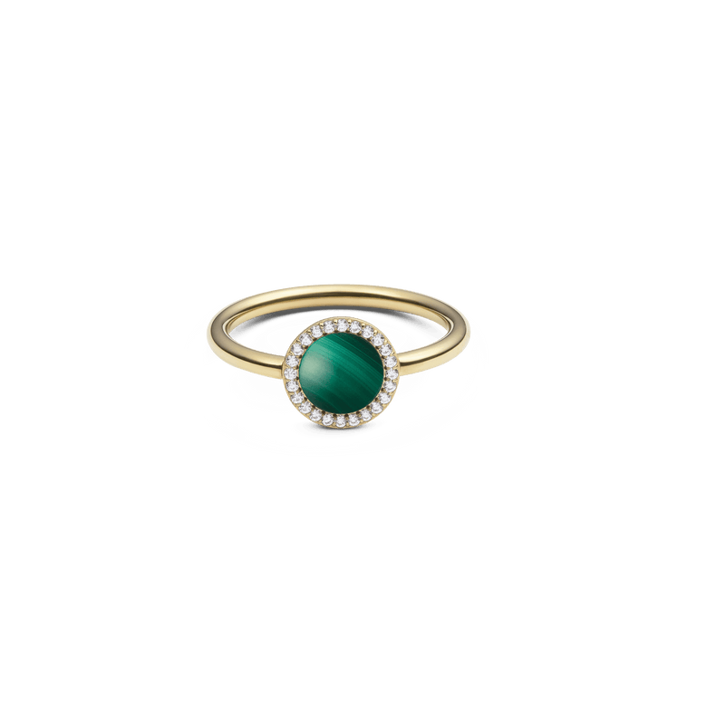 Gold ring featuring a vivid green malachite centrepiece surrounded by a halo of white cubic zirconia, set on a slim polished band.