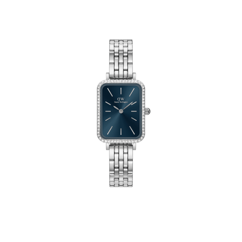 Quadro Lumine Bezel 5-Link Arctic Silver ladies watch featuring a rectangular stainless steel case, blue dial, sparkling gemstone bezel, and a polished 5-link adjustable bracelet.