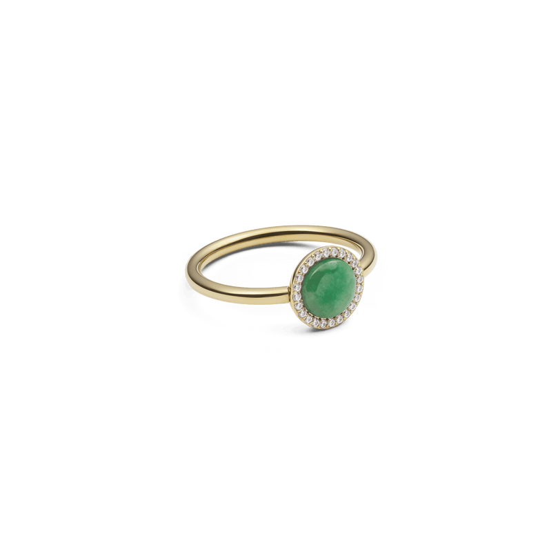 Audrey Ring Jade Gold with a polished gold band, featuring a domed green jade centre surrounded by sparkling white cubic zirconia in a modern, elegant setting.