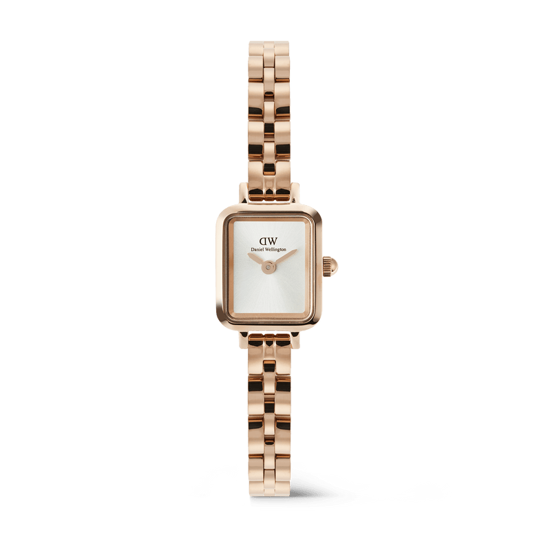 Quadro Mini Arch 3-link White Sunray Rose Gold ladies watch featuring a petite rectangular case, minimalist white sunray dial, and a polished rose gold three-link bracelet.