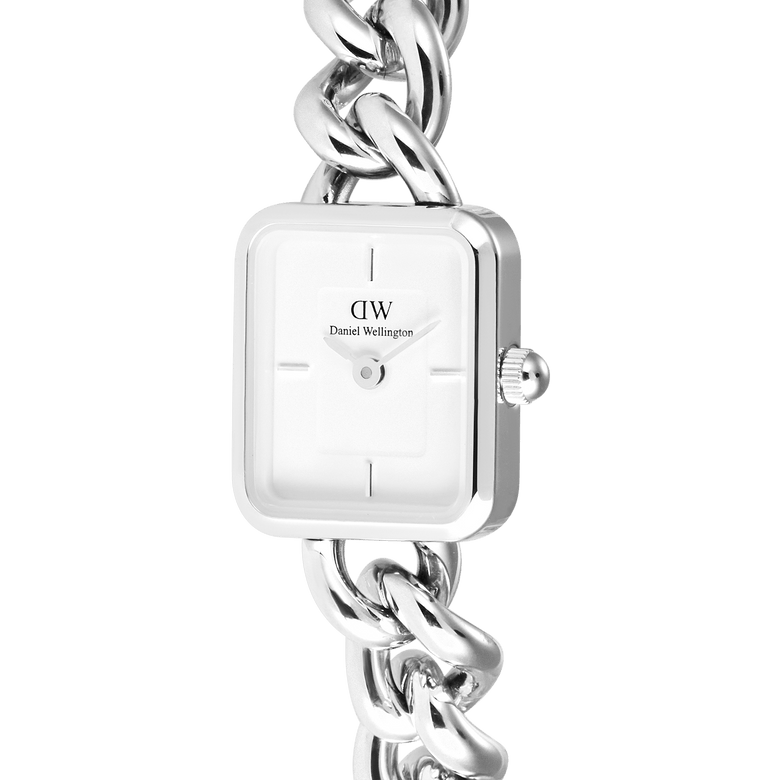 Close-up of the Jolie Chain Silver watch showing its minimalist white square dial, polished silver case, and chunky silver chain bracelet for a modern, jewellery-inspired look.