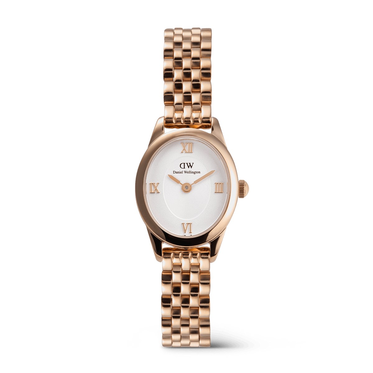 Ophelia Mini Rose Gold ladies watch featuring a petite oval case, white sunray dial with rose gold Roman numerals, and a polished five-link rose gold bracelet.