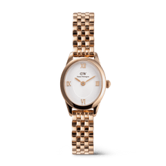 Ophelia Mini Rose Gold ladies watch featuring a petite oval case, white sunray dial with rose gold Roman numerals, and a polished five-link rose gold bracelet.