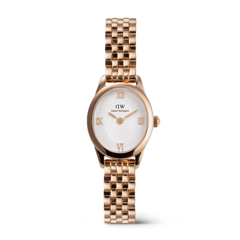 Ophelia Mini Rose Gold ladies watch featuring a petite oval case, white sunray dial with rose gold Roman numerals, and a polished five-link rose gold bracelet.