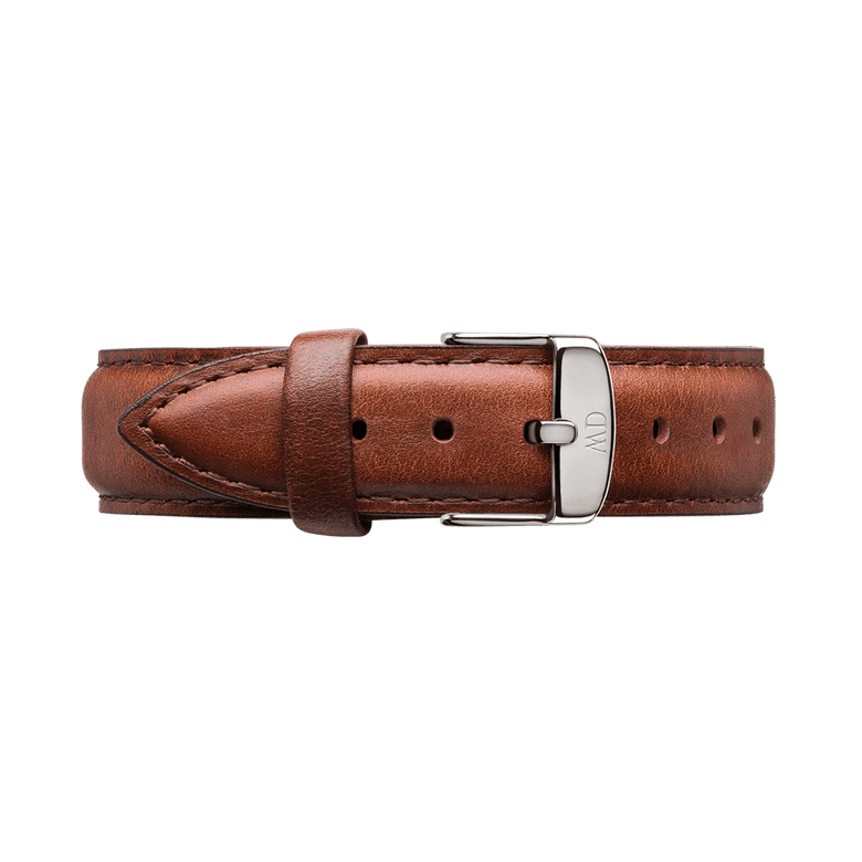 St Mawes Strap Silver in classic brown leather with a polished silver buckle, featuring smooth edges and fine stitching for a refined, versatile look.