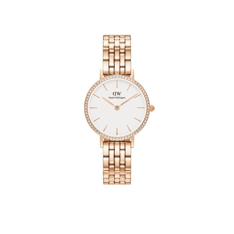 Petite Lumine Bezel 5-Link Melrose ladies watch featuring a rose gold 5-link bracelet, crisp white dial, and a sparkling gemstone bezel, designed for everyday elegance and comfortable wear.