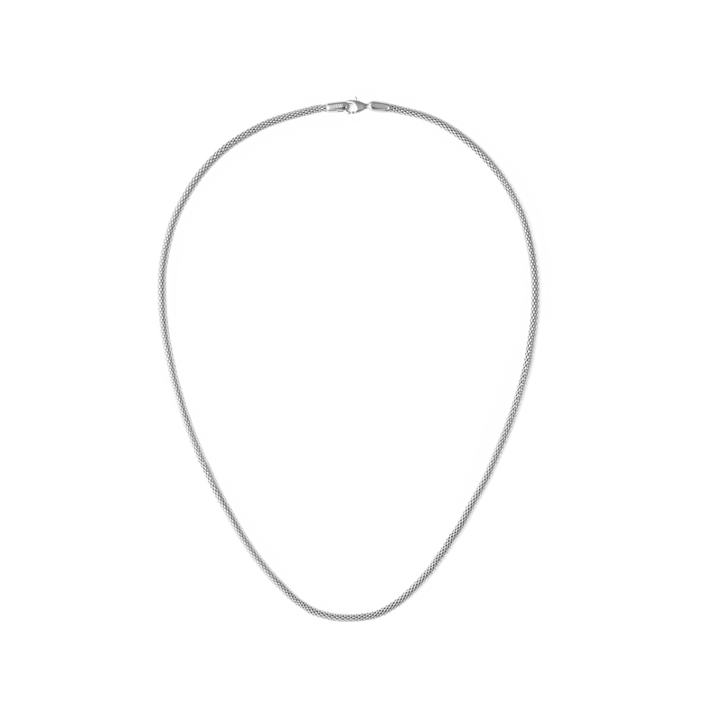 Polished silver mesh chain necklace with a substantial width and clean lines, featuring a secure lobster clasp and a modern, minimal design suitable for both men and women.