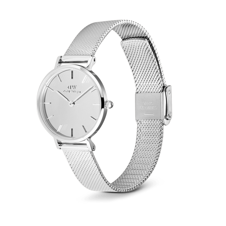 Daniel Wellington Petite Reflection Silver watch for women featuring a 28mm mirror-effect silver dial, minimalist hour markers, and an adjustable polished mesh strap with a clasp buckle.