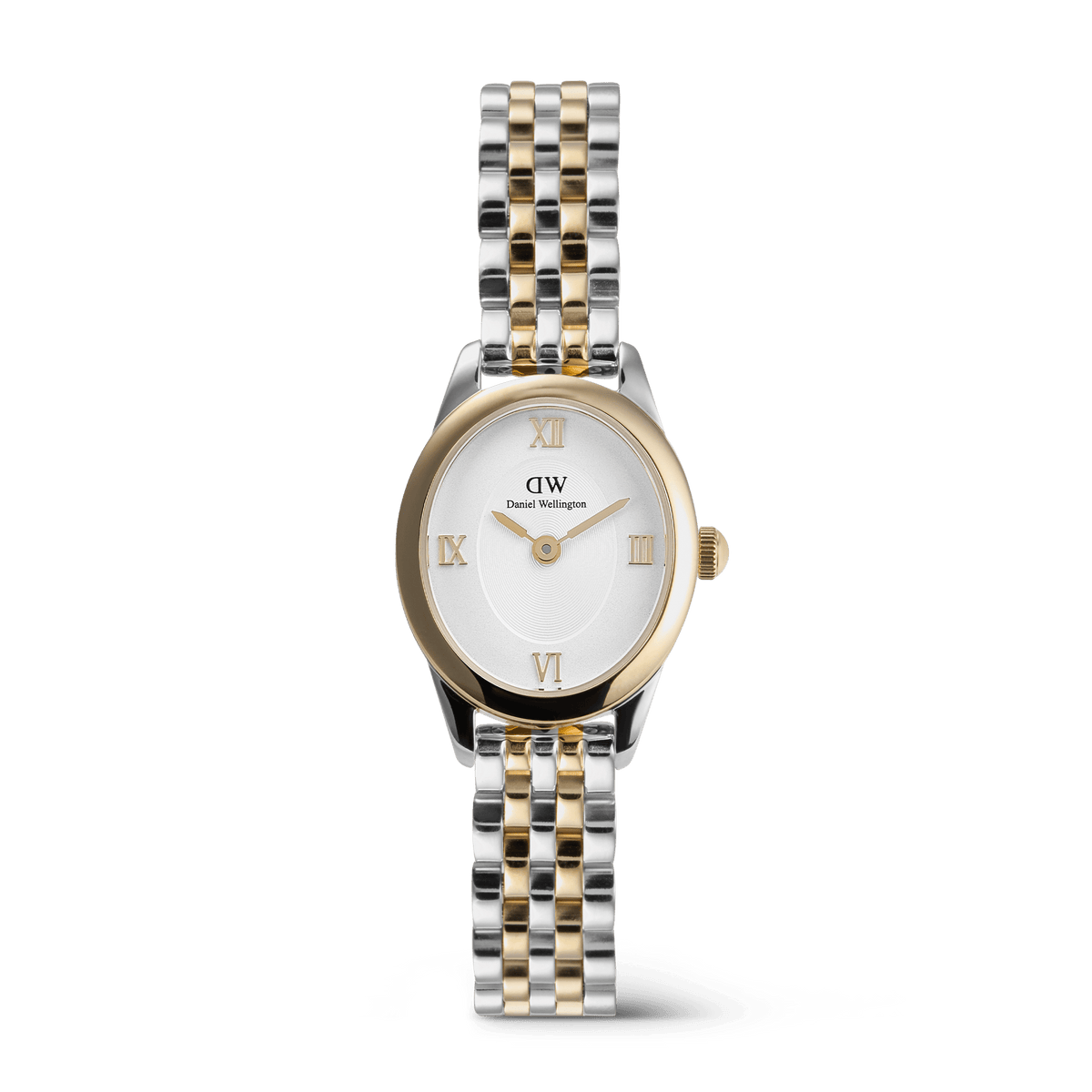 Ophelia Mini Two Tone Gold ladies watch featuring a petite oval case, classic white dial with gold Roman numerals, and a polished gold and silver link bracelet.