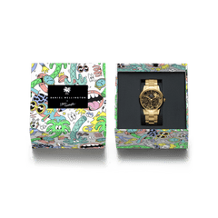 Steven Harrington x Daniel Wellington Iconic Link Dual Tone gold watch presented in a colourful limited edition box featuring playful cartoon artwork, highlighting the creative collaboration and collector appeal.