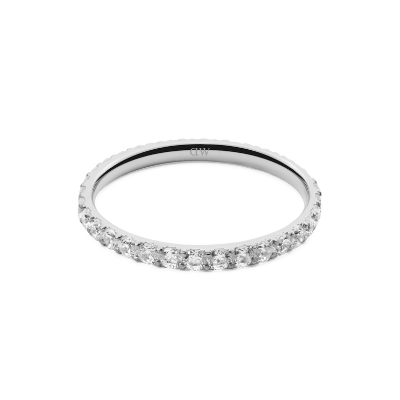 Elegant Mirelle Eternity Ring Silver 2 mm featuring a slim silver band set with sparkling white cubic zirconia crystals, ideal for stacking or wearing alone.