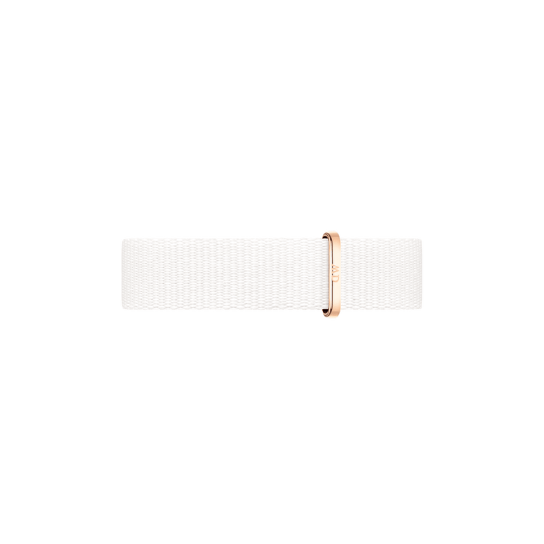 Minimalist white NATO style watch strap with a rose gold buckle, designed for versatility and comfort on a range of watch sizes.