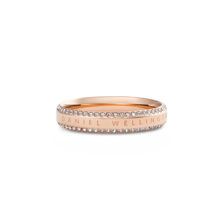 Classic Aura Duo Ring Rose Gold displays a slim rose gold band with two rows of white cubic zirconia crystals and engraved branding, offering a versatile and elegant look for both casual and formal occasions.
