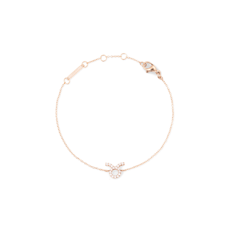 Crystal Zodiac Chain Bracelet Rose Gold featuring a delicate rose gold chain with an adjustable clasp and a sparkling Taurus zodiac pendant set with crystals.