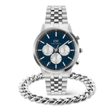 Iconic Chronograph Panda + Ellipse Cuban Chain Bracelet Silver Set