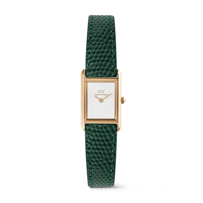 Bound Mini Green Lizard Rose Gold women’s watch featuring a rectangular rose gold case, minimalist white dial, and textured green lizard-embossed leather strap.