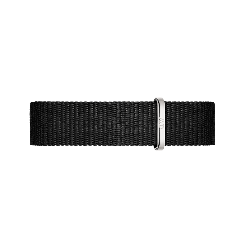 Cornwall Strap Silver showcases a minimalist black NATO style watch strap made from durable polyester, finished with a polished silver buckle for a refined look.