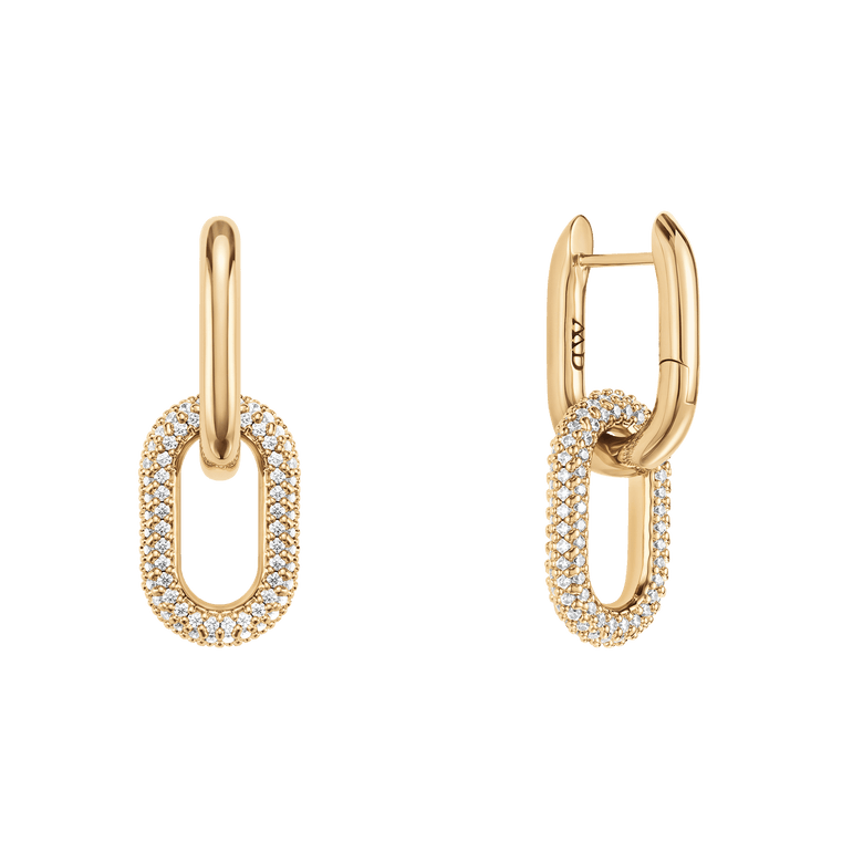 Crystal Link Earrings Gold featuring a unique link design, crafted from gold plated brass and adorned with sparkling cubic zirconia crystals, shown with a secure clasp and petite size suitable for everyday wear.