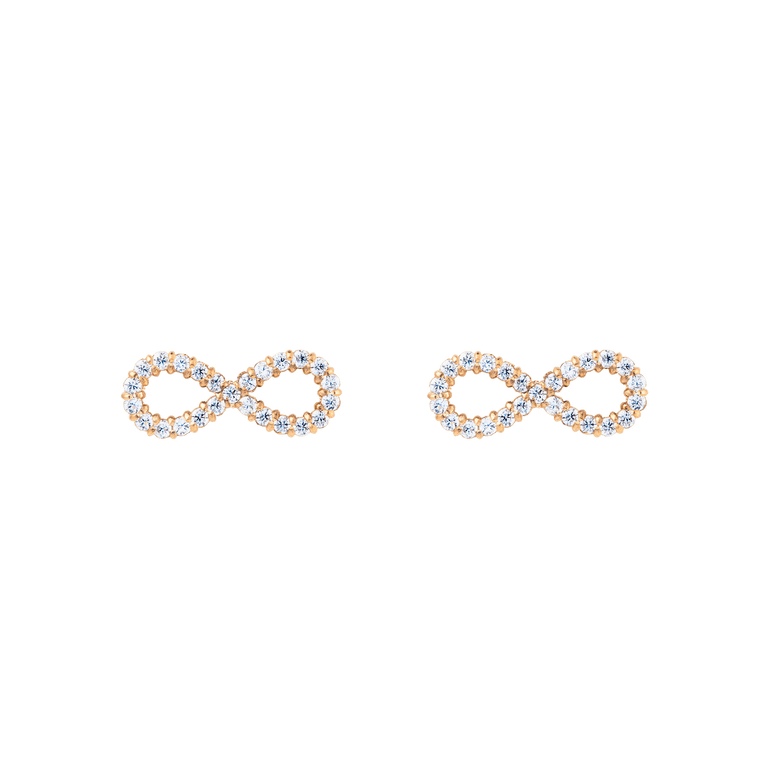 Petite infinity-shaped stud earrings in rose gold, each set with sparkling white cubic zirconia crystals for a refined and elegant look.