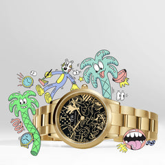 Steven Harrington x Daniel Wellington Iconic Link Dual Tone gold watch with a black dial featuring signature artistic linework, displayed alongside playful cartoon illustrations that highlight the creative collaboration and modern design.