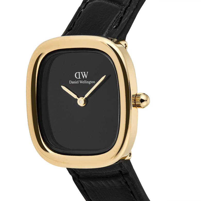 Margot Reading Onyx Ceramic Gold ladies watch with a polished gold-tone rectangular case, minimalist black ceramic dial, and black croco-embossed leather strap, highlighting its slim and elegant profile.