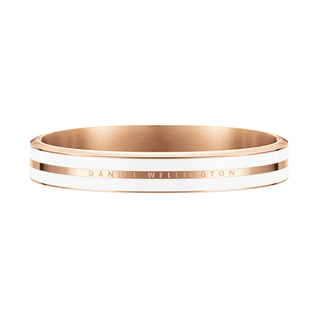 Wide rose gold bangle with satin white enamel detailing and engraved logo, featuring a smooth, polished finish and modern minimalist design suitable for both men and women.