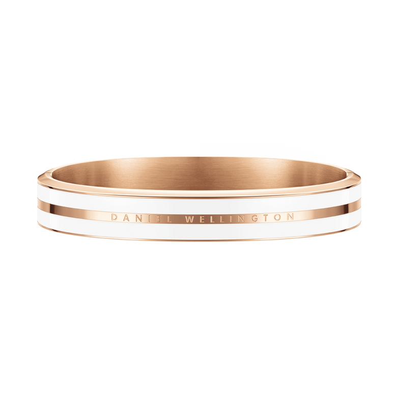 Wide rose gold bangle with satin white enamel detailing and engraved logo, featuring a smooth, polished finish and modern minimalist design suitable for both men and women.