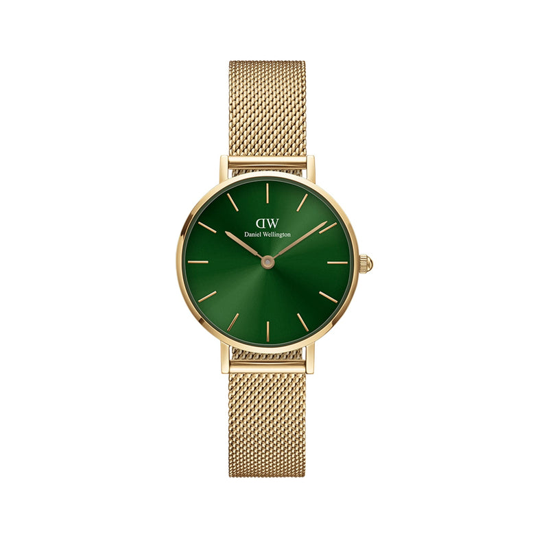 Petite Emerald gold watch for women with a slim gold mesh strap and a deep green sunray dial, designed for a modern and elegant everyday look.