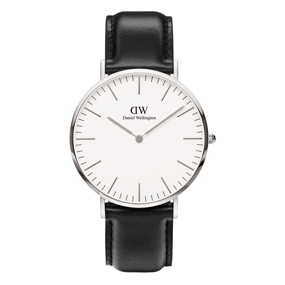 Classic Sheffield Silver watch with a polished silver case, minimalist eggshell white dial, slim silver hands, and a black genuine leather strap, shown from the front against a plain background.