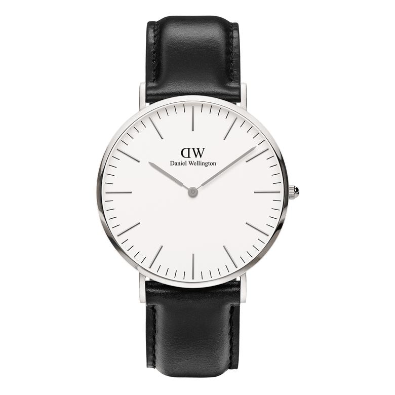 Classic Sheffield Silver watch with a polished silver case, minimalist eggshell white dial, slim silver hands, and a black genuine leather strap, shown from the front against a plain background.
