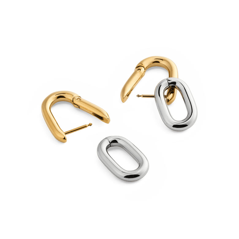 Contrast Link Earrings Two Tone Gold shown with gold hoops and separate silver links, highlighting their modular, convertible design and polished finish.