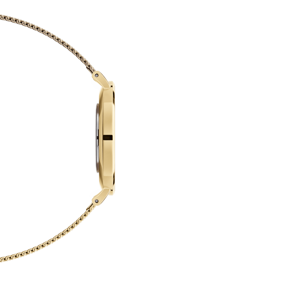 Side profile of the Petite Evergold Black gold watch, showing its slim case and lightweight gold mesh strap designed for a comfortable fit on petite and medium wrists.