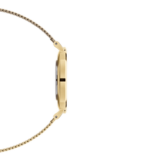 Side profile of the Petite Evergold Black gold watch, showing its slim case and lightweight gold mesh strap designed for a comfortable fit on petite and medium wrists.
