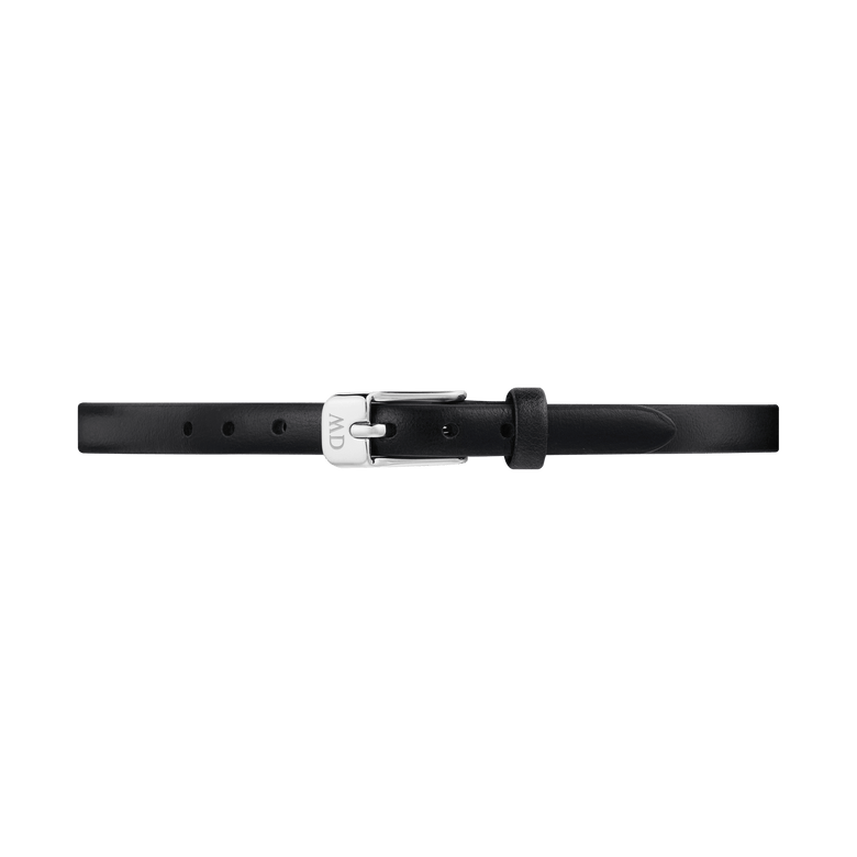 Black leather Pressed Sheffield Strap Silver with a slim profile, neat stitching, and a polished silver buckle, designed for a 6mm fit and compatible with small Daniel Wellington watches.