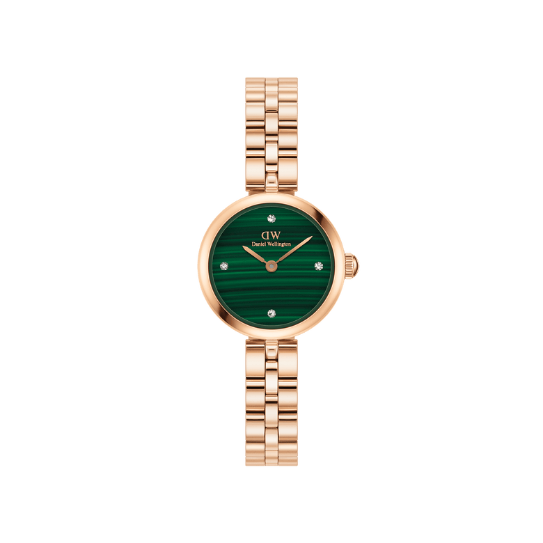 Elan Lumine Malachite Rose Gold ladies watch featuring a petite round case, rose gold three-link bracelet, and a unique green malachite dial with crystal markers, designed for elegant everyday wear.