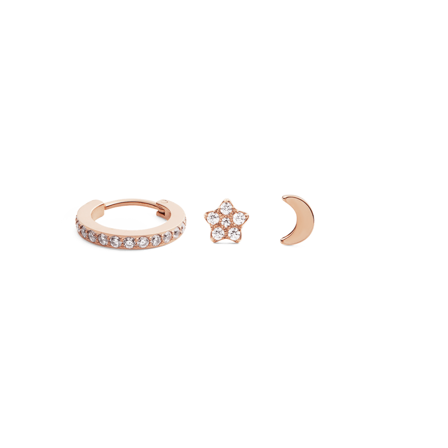 Crystal Hoop + Crystal Star + Moon Stud Rose Gold Set