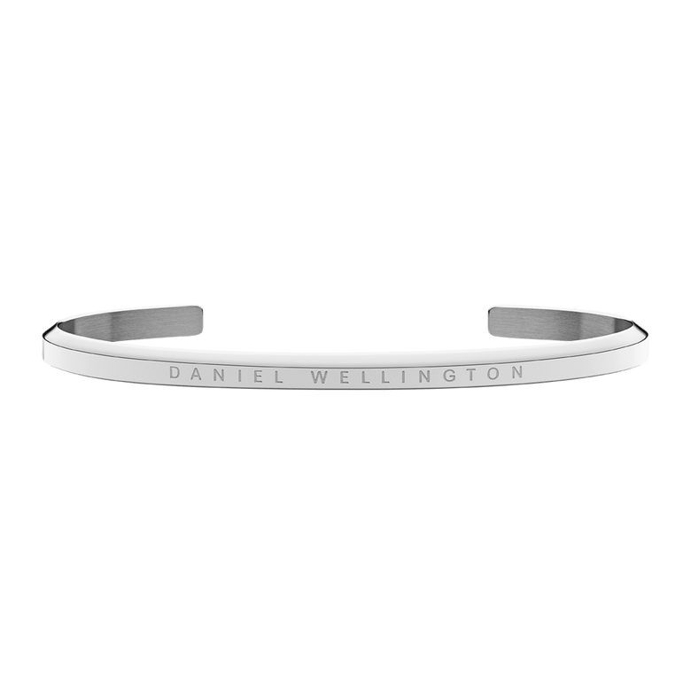Minimalist Classic Bracelet Silver by Daniel Wellington, featuring a slim open cuff design in polished stainless steel with engraved branding, suitable for both men and women.
