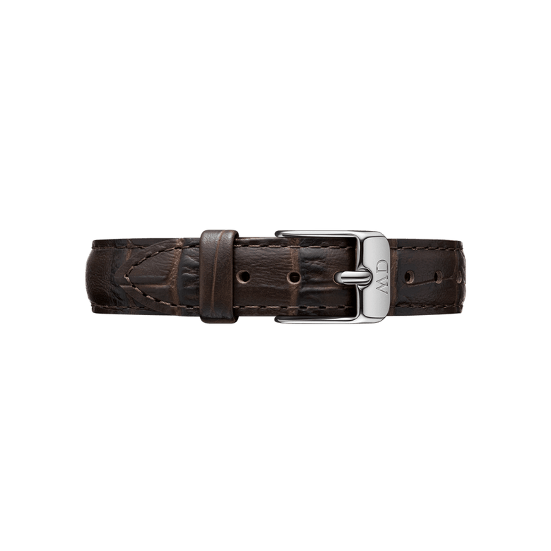 York Strap Silver featuring deep brown, crocodile-embossed genuine leather with detailed stitching and a polished silver buckle, shown in a flat lay to highlight its refined texture and adjustable design.