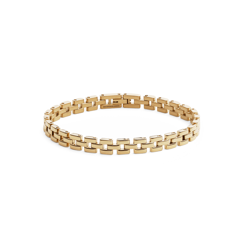 Gold 3-link bracelet with a geometric design, featuring polished rectangular links and a fold-over clasp, crafted from stainless steel with a smooth PVD gold finish.