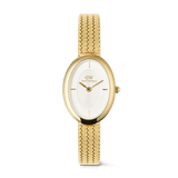 Juliette Braided Mesh White Sunray Gold ladies watch featuring a petite oval gold case, minimalist white sunray dial, and vintage-inspired braided mesh gold strap.